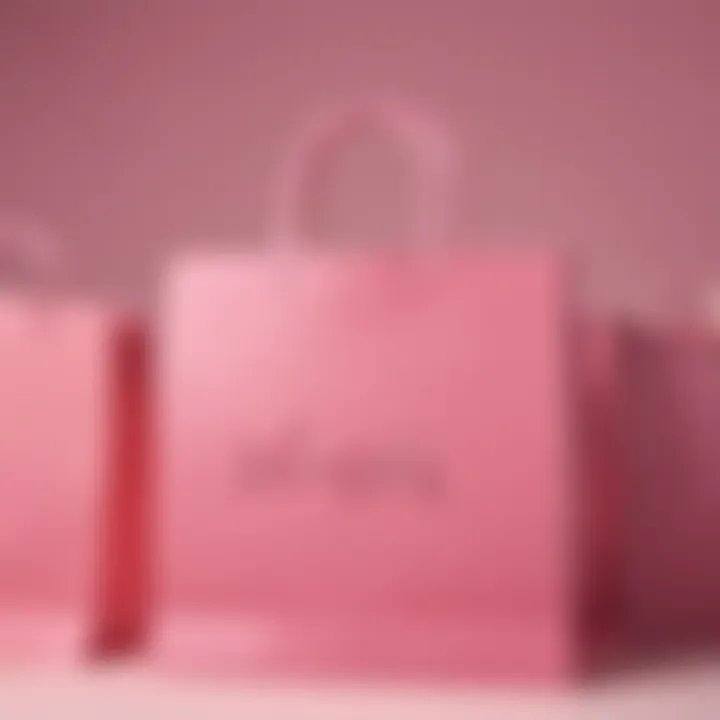 An artistic arrangement of pink paper shopping bags showcasing branding elements.