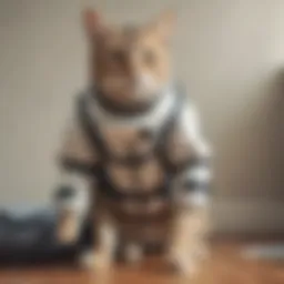 A cat wearing a recovery suit with legs