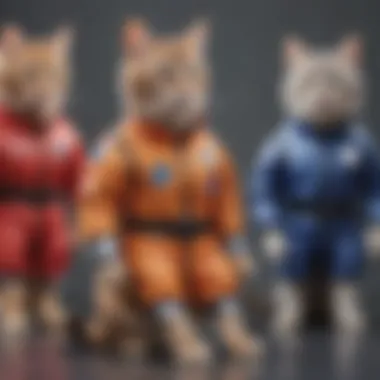 Various styles and colors of cat recovery suits displayed