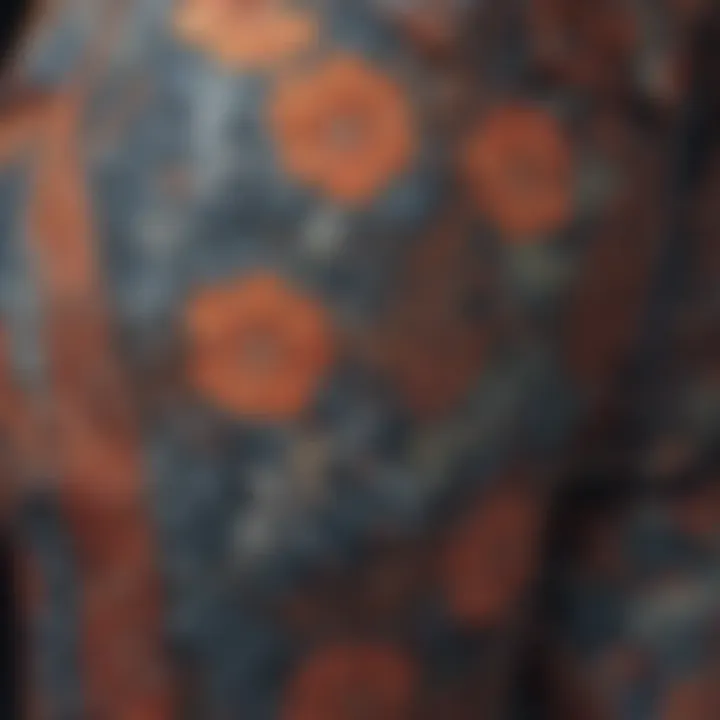 Close-up of fabric patterns showcasing the intricate designs of printed trousers.