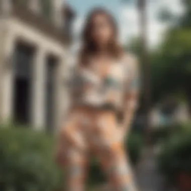 Chic Outdoor Printed Pants Ensemble A vibrant ensemble featuring printed pants and a coordinating top in a chic outdoor setting.