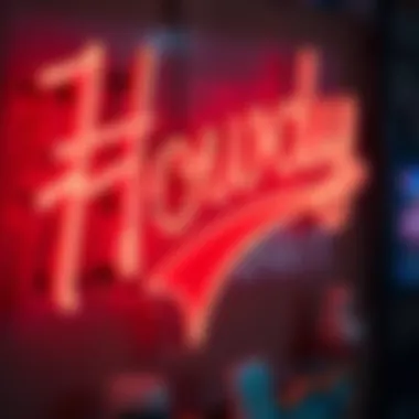 Close-up of a handcrafted Howdy neon sign showcasing intricate design