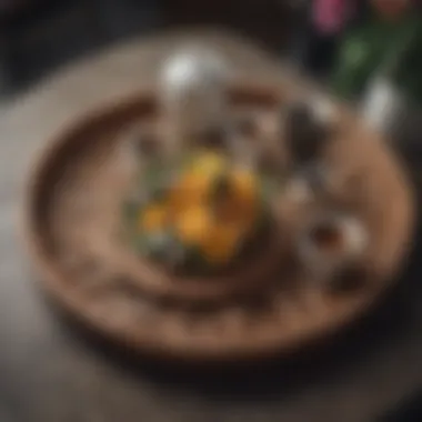 Wicker Tray with Coffee Set and Flowers Stylish wicker tray featuring a coffee set and floral arrangement