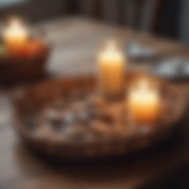 Wicker tray used as a centerpiece with candles and decorative stones