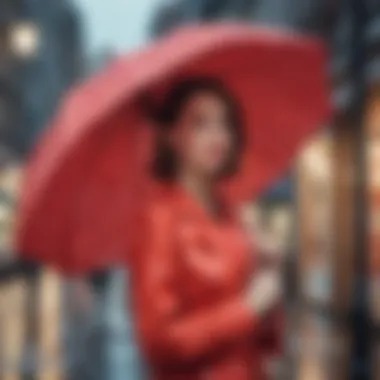 A stylish individual holding a polka dot umbrella while walking in the rain