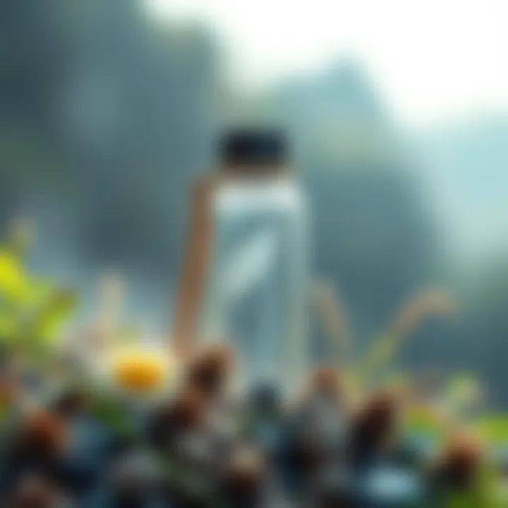 An eco-friendly clear travel bottle surrounded by natural elements, emphasizing sustainability.