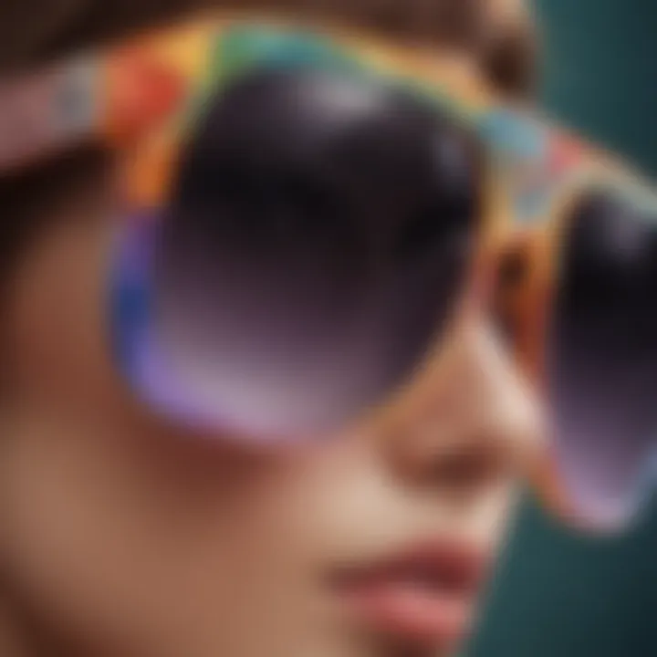 Close-up of colorful acrylic sunglasses showcasing intricate design details