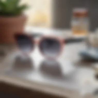 Acrylic sunglasses displayed alongside fashion accessories on a chic table