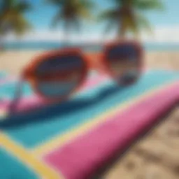 A stylish pair of acrylic sunglasses resting on a vibrant beach towel