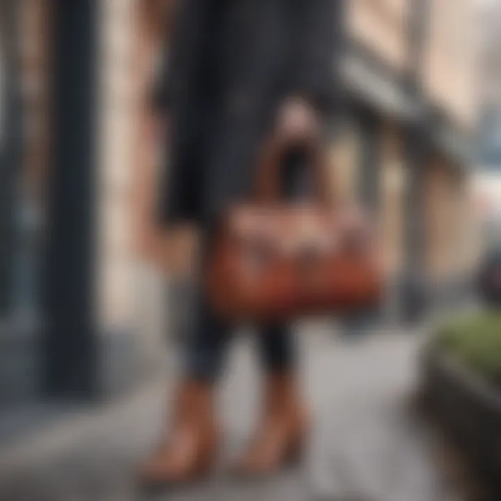 Fashionable individual showcasing a woolen handbag in an urban setting