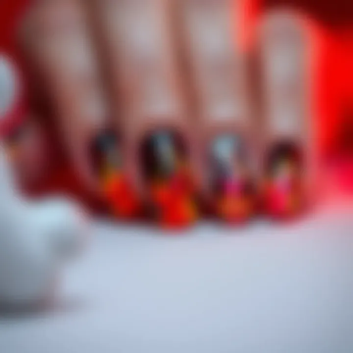 Intricate Designs of Flame Nail Stickers A close-up of vibrant flame nail stickers showcasing intricate designs