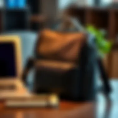 Elegant Insulated Lunch Bag for Professional Settings Elegant insulated lunch bag beside a laptop and notebook for work