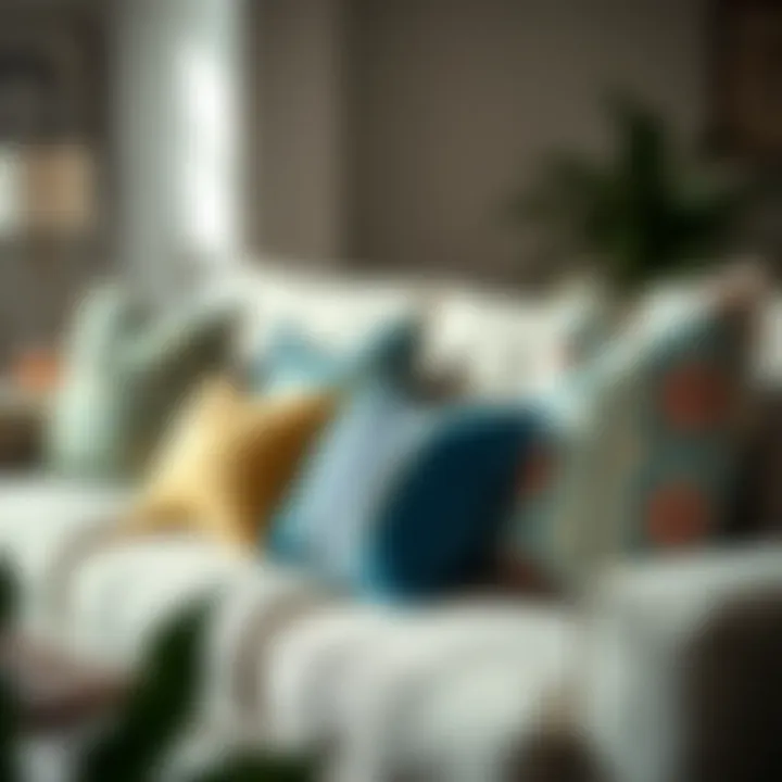 Aesthetic arrangement of large decorative pillow cases on a stylish sofa