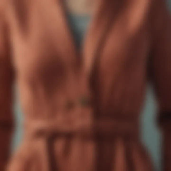 Close-up of the fabric texture of a long belted cardigan