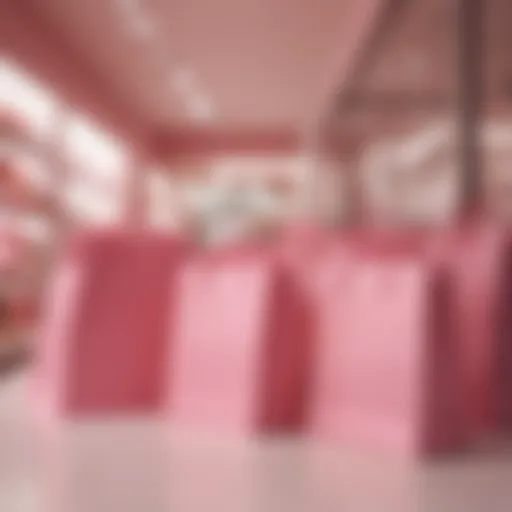 A collection of stylish pink paper shopping bags displayed in a retail setting.