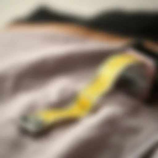 Close-up view of a retractable cloth tape measure on a fabric