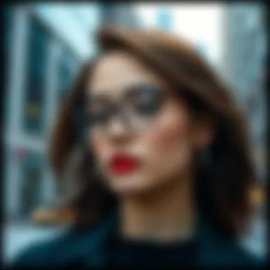 Stylish individual wearing rimless hexagon glasses in an urban setting