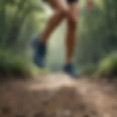 A runner in motion wearing Under Armour lightweight shoes on a trail.