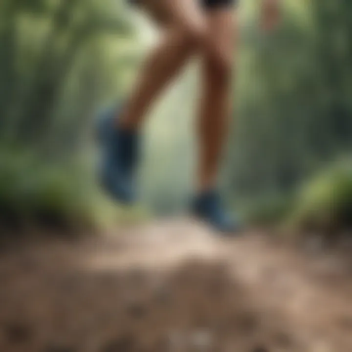 A runner in motion wearing Under Armour lightweight shoes on a trail.