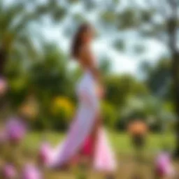 Elegant pastel dress featured in a serene outdoor setting