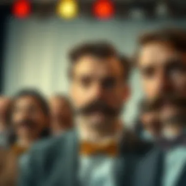 A theatrical performance featuring actors sporting exaggerated mustaches for comedic effect.