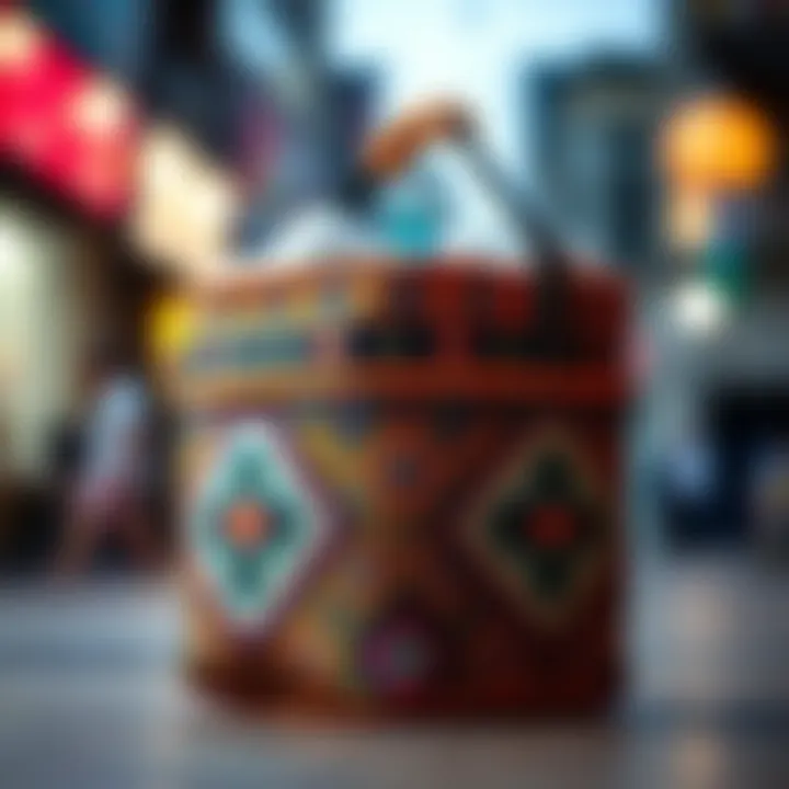 Stylish boho diaper caddy with intricate designs and vibrant colors