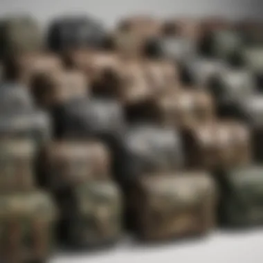 A variety of camo shoulder bags arranged in a trendy layout