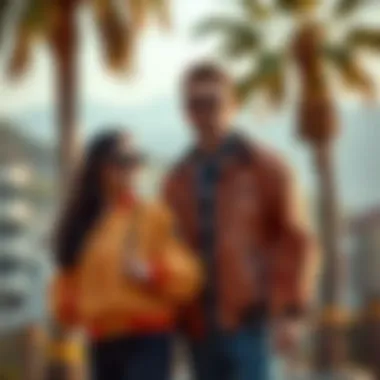 Fashion Forward in Scenic Surroundings A fashionable couple posing with their matching jackets in a scenic location