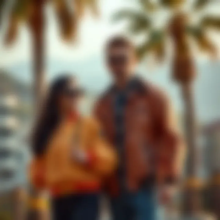 Fashion Forward in Scenic Surroundings A fashionable couple posing with their matching jackets in a scenic location