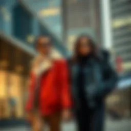 A stylish couple wearing coordinated jackets in an urban setting