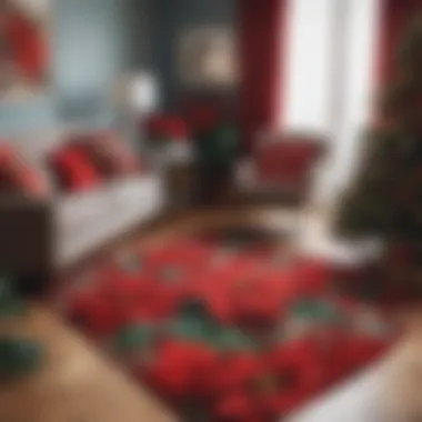 A living room featuring a poinsettia rug as a focal point