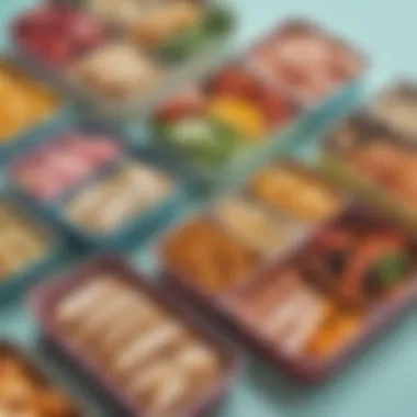 Colorful lunch box dividers showcasing various food arrangements