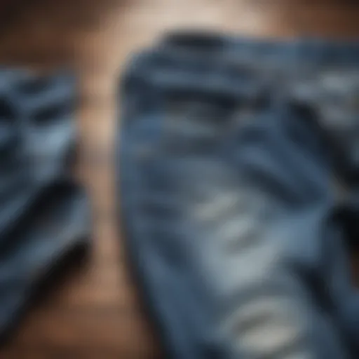 Stylish denim jeans displayed on a vintage wooden table