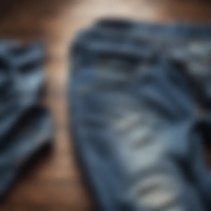 Stylish denim jeans displayed on a vintage wooden table