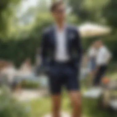 Smart casual ensemble featuring pinstripe shorts at a garden party