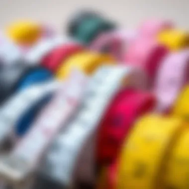 Different types of retractable cloth tape measures displayed together